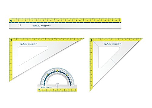 Herlitz Juego de geometría, kit escolar 4 unidades: 2 escuadras, regla, transportador de ángulos, colores surtidos para diestros y zurdos, plástico resistente al impacto - 11368222