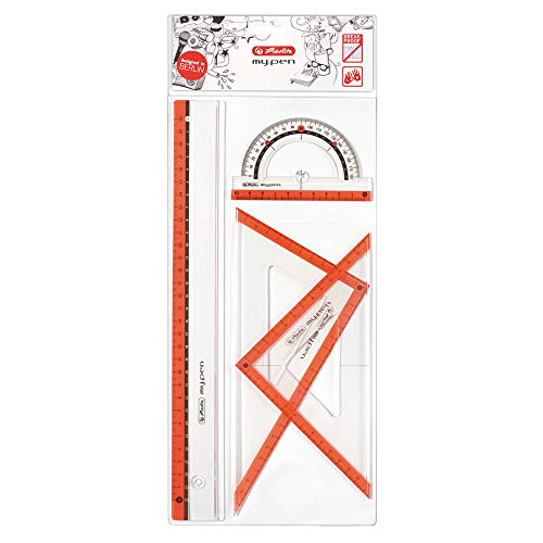 Herlitz Juego de geometría, kit escolar 4 unidades: 2 escuadras, regla, transportador de ángulos, colores surtidos para diestros y zurdos, plástico resistente al impacto - 11368222