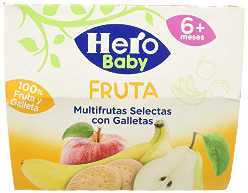 Hero Baby Fruta Tarrinas de Puré Multifrutas Selectas con Galletas para Bebés a partir de 4 meses Pack de 6 de 4x100 g