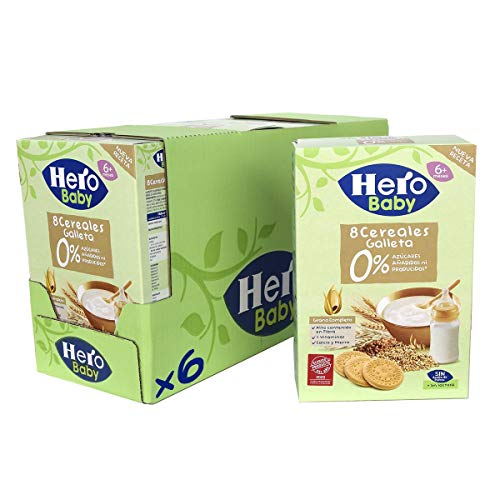 Hero Baby - Papilla de 8 Cereales con Galleta sin Azúcares Añadidos, para Bebés a Partir de los 6 Meses - Pack de 6 x 340 g