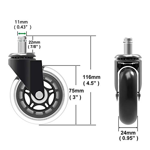 Herrman Rueda de repuesto para silla de rueda de 7,6 cm, protección de suelos de madera dura, 5 ruedas de goma de poliuretano de gran resistencia (pasador_75 mm)