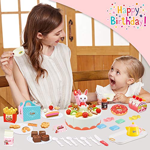 HERSITY 85 Piezas Alimentos de Juguete Corte de Frutas y Alimentos Pastel de Cumpleaños de Juguete con Vela y Música Regalos para Niños Niñas 3 4 5 6 Años