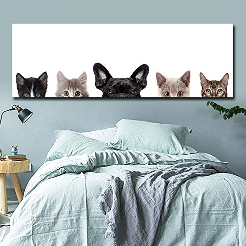 hetingyue Pintura de Lienzo de Pared de Arte de Estilo nórdico Lindo Gato y Perro niña Dormitorio Sala de Estar Pintura sin Marco 45x135 cm