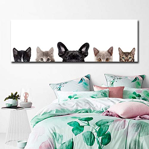 hetingyue Pintura de Lienzo de Pared de Arte de Estilo nórdico Lindo Gato y Perro niña Dormitorio Sala de Estar Pintura sin Marco 45x135 cm