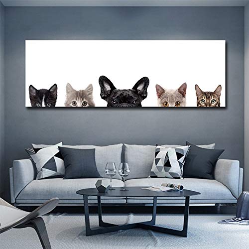 hetingyue Pintura de Lienzo de Pared de Arte de Estilo nórdico Lindo Gato y Perro niña Dormitorio Sala de Estar Pintura sin Marco 45x135 cm
