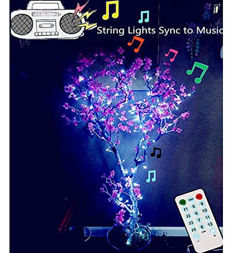 Hezbjiti Luces de cuerda de batería, 100 luces de cadena de hadas activadas por sonido de, con remoto, temporizador, luces a batería a prueba de agua Sincronización con música para fiestas, blanco