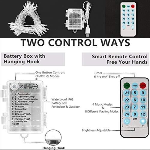 Hezbjiti Luces de cuerda de batería, 100 luces de cadena de hadas activadas por sonido de, con remoto, temporizador, luces a batería a prueba de agua Sincronización con música para fiestas, blanco