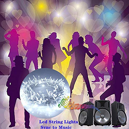 Hezbjiti Luces de cuerda de batería, 100 luces de cadena de hadas activadas por sonido de, con remoto, temporizador, luces a batería a prueba de agua Sincronización con música para fiestas, blanco