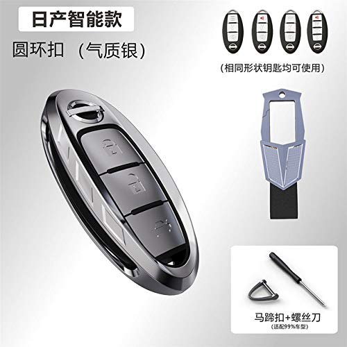 HEZHOUJI Car Key Case para Nissan 350z Almera Altima Armada Qashqai Cefiro Cube Juke Livina Remote Fob Cubierta Protectora Llavero Bolsa, Plata