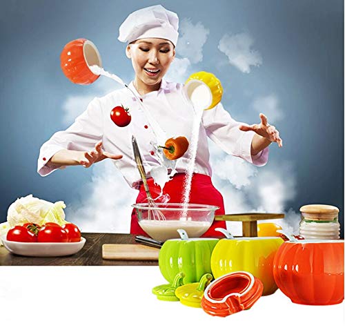 HIAQIMEI Enbotador De Almacenamiento De Especias con Forma De Calabaza, Cerámica Contenedor De Almacenamiento De Condimentos con Las Tapas Cuchara Bandeja De Madera Jarras De Especias De Cocina-e