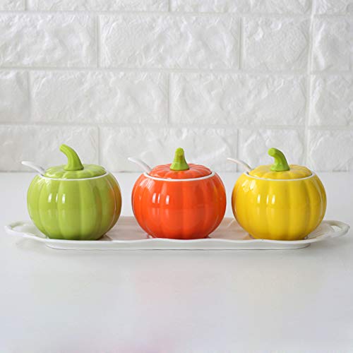 HIAQIMEI Enbotador De Almacenamiento De Especias con Forma De Calabaza, Cerámica Contenedor De Almacenamiento De Condimentos con Las Tapas Cuchara Bandeja De Madera Jarras De Especias De Cocina-e