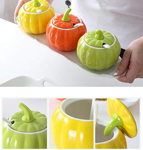 HIAQIMEI Enbotador De Almacenamiento De Especias con Forma De Calabaza, Cerámica Contenedor De Almacenamiento De Condimentos con Las Tapas Cuchara Bandeja De Madera Jarras De Especias De Cocina-e