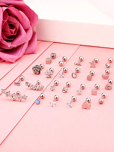 Hicarer 24 Piezas 16G Pendientes de botón de Acero Inoxidable Pendiente de Oreja de joyería Conjunto de aretes de cartílago para Mujeres niñas Favors