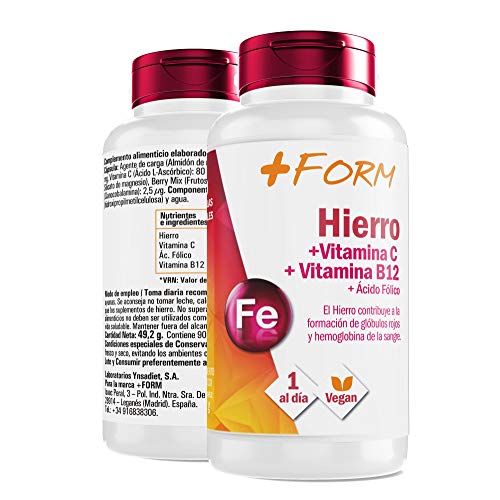 HIERRO + ÁCIDO FÓLICO | SUPLEMENTO ALIMENTICIO CON VITAMINA C Y VITAMINA B12 | 90 CÁPSULAS | APTO VEGANO | 100% NATURAL | 1 CÁPSULA AL DÍA |+ FORM