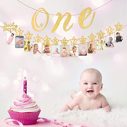 Hifot 1er Cumpleaños Foto Banner con Silla Alta Glitter Decoración Fiesta bebé Oro, Foto de bebé para recién Nacido a 12 Meses Primer cumpleaños decoración