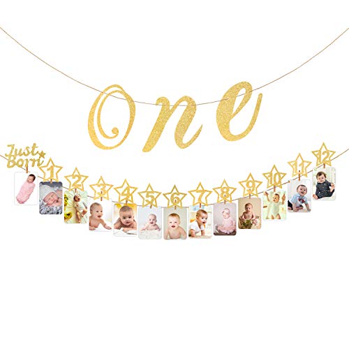 Hifot 1er Cumpleaños Foto Banner con Silla Alta Glitter Decoración Fiesta bebé Oro, Foto de bebé para recién Nacido a 12 Meses Primer cumpleaños decoración