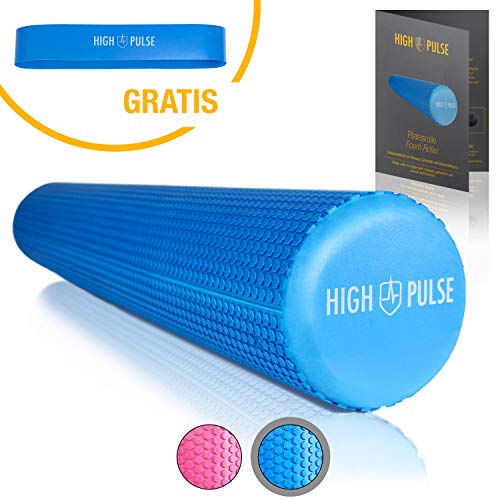High Pulse Rodillo Pilates (90x15 cm) Póster con Ejercicios + Banda Elástica - Rodillo de espuma para músculos, fitness o masaje de corporal (Azul)
