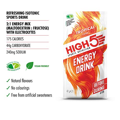 HIGH5 Bebida Energética, Apta para Veganos, Mezcla Refrescante de Carbohidratos y Electrolitos (Tropical, 12 x 47g)