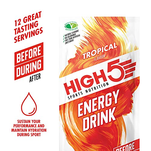 HIGH5 Bebida Energética, Apta para Veganos, Mezcla Refrescante de Carbohidratos y Electrolitos (Tropical, 12 x 47g)