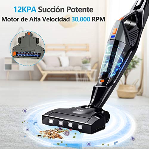 Hikeren Aspiradoras Escoba, Aspiradora Escoba Hogar, 12000 PA, Aspirador Mano Sin Cable, con 4 X Luces LED, 2 Velocidades, Batería de 3000mAh, Lavable Filtro HEPA, 2 Cepillos