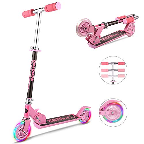 Hikole Patinetes para niños con Ruedas de luz LED, Patinetes de Altura Ajustable para Niños y Niñas, Freno de Guardabarros Trasero, Patinetes Ligero Plegable de 5 LB, Capacidad de Peso de 110 LB