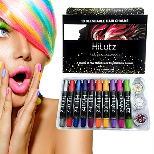 Hilytz Pintura Facial/ Tizas Para el Pelo Hair Chalk 10 Metallic Glitter Pens, Fácil de Lavar No toxico/ Comb + 3 Glitters/Regalo de Cumpleaños de Navidad