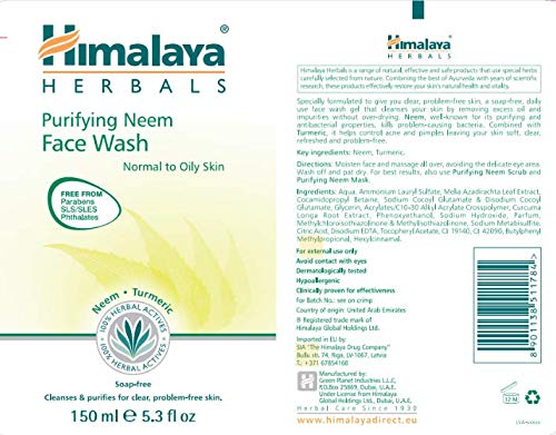 HIMALAYA HERBALS Gel purificante de lavado de cara de Neem | Limpia profundamente los poros y el acné | Lavado facial a base de hierbas | 150g (2-Pack Purifying Neem Face Wash Gel)