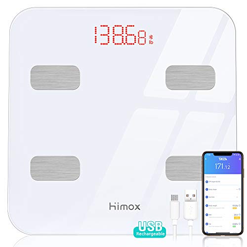 HIMOX USB Carga Báscula Grasa Corporal 23 Medidas (Grasa Corporal/Músculo/BMI etc.) Corporales Esenciales Báscula de Baño Digital Grasa Corporal Bluetooth4.1 Inteligente Máximo 400 lbs/180kg
