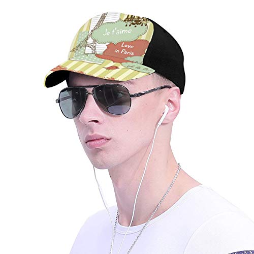 Hip Hop Sun Hat Baseball Cap,Illustration of Famous Cultural French Icons with Eiffel Tower Love Paris,For Men&Women
