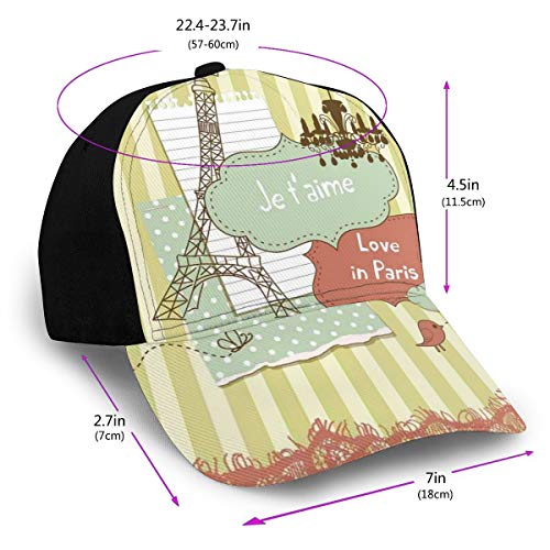 Hip Hop Sun Hat Baseball Cap,Illustration of Famous Cultural French Icons with Eiffel Tower Love Paris,For Men&Women