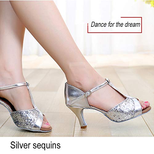 HIPPOSEUS Zapatos de Baile Latino estándar para Mujer Zapatos de salón con Lentejuelas y tacón 7CM,259-7,Plateado Color,EU 39