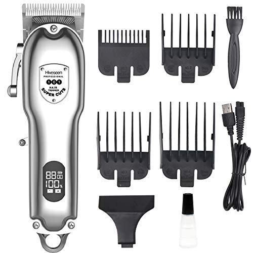 Hiveseen Cortapelos Hombre Profesional, Máquinas Cortapelo Inalámbrica, Recortador de Barba Eléctrico, Cortar Pelos Cortadora Barba USB Recargable con Pantalla LED para Barbero y Hombres(Plata)