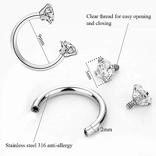 HO2NLE 10pcs Pendientes Aros Nariz Plata Piercing Herradura Acero Inoxidable 316L Pearcing Nariz Aro Pequeño 9mm Hipoalergenico para Mujer Hombre Cartilago Helix 5 Estilos