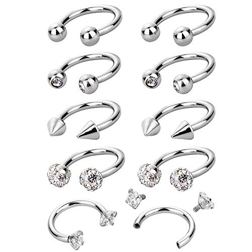 HO2NLE 10pcs Pendientes Aros Nariz Plata Piercing Herradura Acero Inoxidable 316L Pearcing Nariz Aro Pequeño 9mm Hipoalergenico para Mujer Hombre Cartilago Helix 5 Estilos