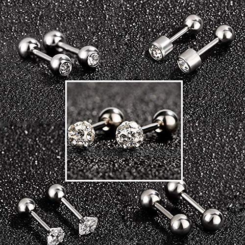HO2NLE 5 Pares Pendientes Tragus Mujer Piercing Cartilago Oreja de Acero Inoxidable Piercing Barra 6mm con Bola Zirconia Cúbica Labret Stud 18G Pendientes Pequeños Plata para Mujer Hombre Helix Labio