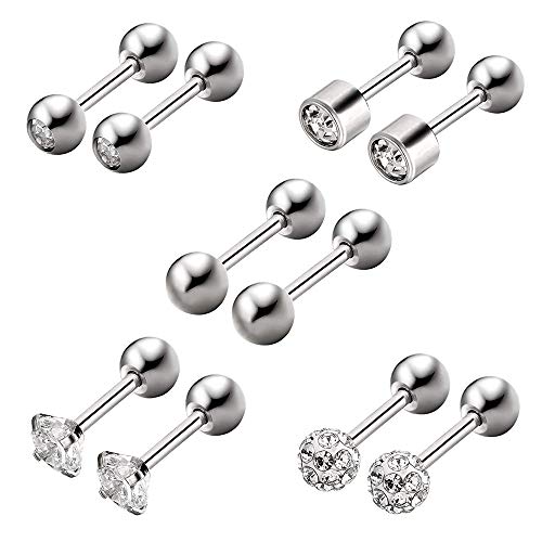 HO2NLE 5 Pares Pendientes Tragus Mujer Piercing Cartilago Oreja de Acero Inoxidable Piercing Barra 6mm con Bola Zirconia Cúbica Labret Stud 18G Pendientes Pequeños Plata para Mujer Hombre Helix Labio