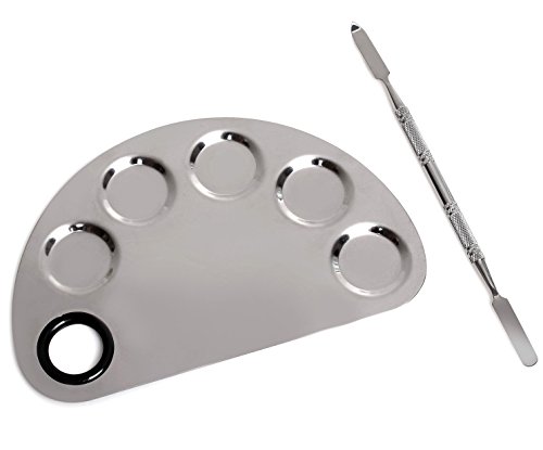 HOGAR AMO Paleta de Pintura de Semicírculo Set/Kit de Paleta de Maquillaje de Acero Inoxidable con Doble Espátula y Orificio para el Pulgar Artista/Paleta de Mezcla de Colores Cosméticos 16 x 10 cm