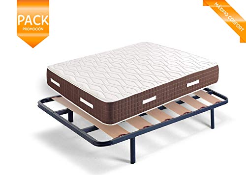 HOGAR24 XP25- Colchón viscoelástico + Somier Lama Ancha con Patas, Medida 90x190 cm, Máxima Calidad En Descanso, Confort Y Firmeza Alta, Grosor 30 cm.