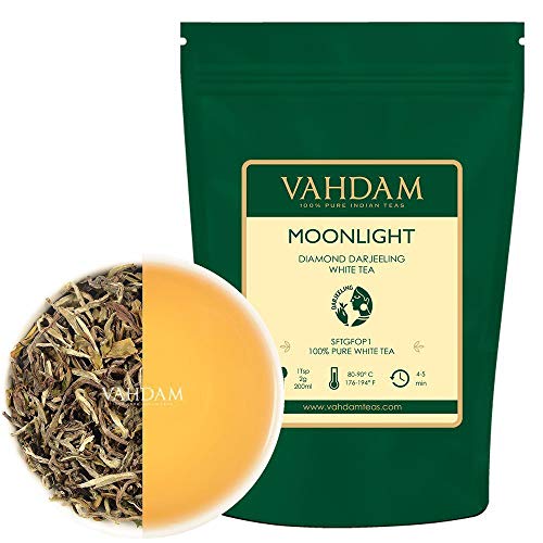 Hojas de Té Blanco Diamante Claro de Luna del Himalaya (25 tazas), 100% de té de desintoxicación natural, té para perder peso - EL TÉ BLANCO MÁS FINO DEL MUNDO, RICO EN ANTIOXIDANTES 50gr