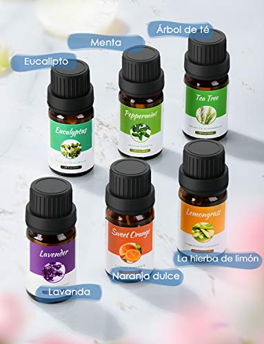 Homasy 500ml Difusor de Aromaterapia con 6 Botellas de Aceite Esencial 100% Puro, Difusor de Aroma Silencioso y Silencioso, 7 Luces LED de Color, sin BPA para el Hogar y la Oficina, Marrón