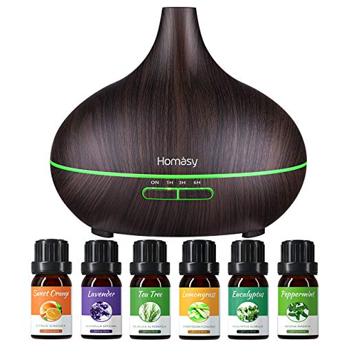 Homasy 500ml Difusor de Aromaterapia con 6 Botellas de Aceite Esencial 100% Puro, Difusor de Aroma Silencioso y Silencioso, 7 Luces LED de Color, sin BPA para el Hogar y la Oficina, Marrón