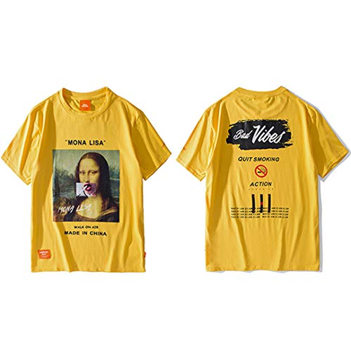 Hombres Divertidos Dejar de Fumar Camiseta Mona Lisa Hip Hop Streetwear Verano de Manga Corta Tops de algodón Camisetas Harajuku Yellow XL