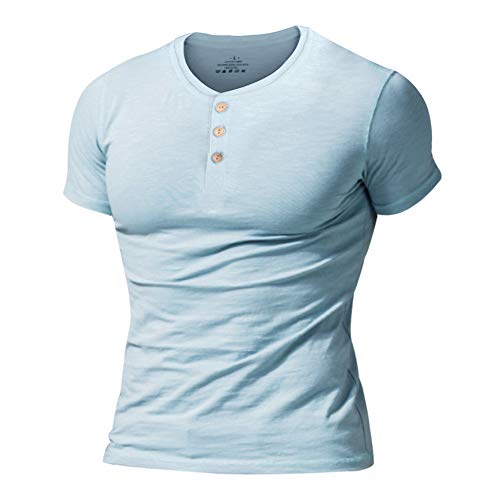 Hombres Slub Henley Camiseta Corto Manga Ligero Relajado Ajuste Casual con 3 Botones Abertura Cuello Redondo Camisas