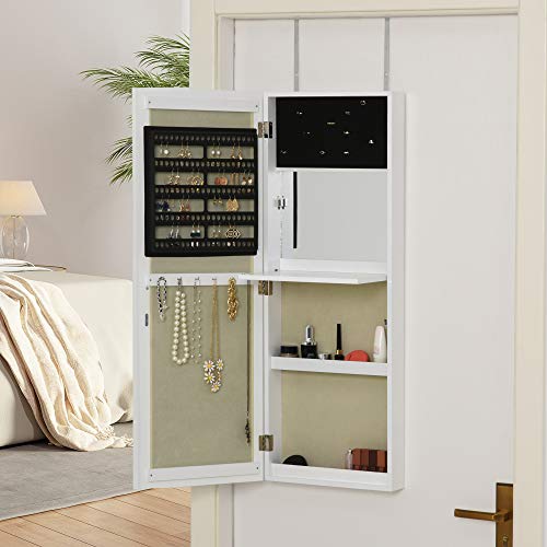 HOMCOM Armario Joyero con Espejo de Cuerpo Entero Gabinete para Joyería para Montar en la Pared o Colgar en la Puerta con Panel Plegable Ganchos y Ranuras para Joyas 35,5x100x9 cm Blanco