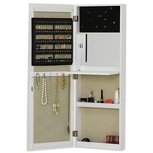 HOMCOM Armario Joyero con Espejo de Cuerpo Entero Gabinete para Joyería para Montar en la Pared o Colgar en la Puerta con Panel Plegable Ganchos y Ranuras para Joyas 35,5x100x9 cm Blanco