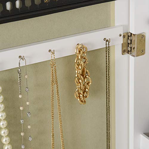 HOMCOM Armario Joyero con Espejo de Cuerpo Entero Gabinete para Joyería para Montar en la Pared o Colgar en la Puerta con Panel Plegable Ganchos y Ranuras para Joyas 35,5x100x9 cm Blanco