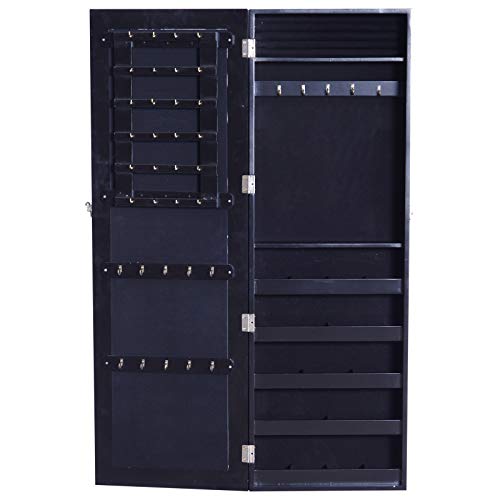 HOMCOM Espejo Joyero de Pared o de Pie Armario para Joyas Guardajoyas 37x9.5x112cm MDF Negro