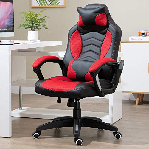HOMCOM Gaming Silla de Oficina y Giratoria con 6 Puntos de Masaje y Calefacción Tipo Sillón de Escritorio Silla Gamer para PC 68x110x108-117cm (Negro y Rojo)