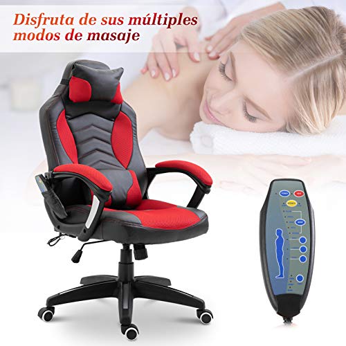 HOMCOM Gaming Silla de Oficina y Giratoria con 6 Puntos de Masaje y Calefacción Tipo Sillón de Escritorio Silla Gamer para PC 68x110x108-117cm (Negro y Rojo)