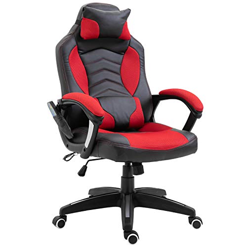 HOMCOM Gaming Silla de Oficina y Giratoria con 6 Puntos de Masaje y Calefacción Tipo Sillón de Escritorio Silla Gamer para PC 68x110x108-117cm (Negro y Rojo)